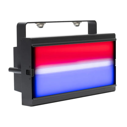 Angled front view of ADJ JOL299 Jolt Panel FX2 with frost filter attached beaming red, white, and blue lights on white background 