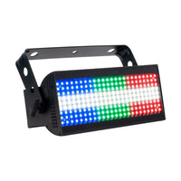Angled front view of ADJ JOL300 Jolt 300 LED Blinder and Strobe with blue, green, red, and white lights on white background