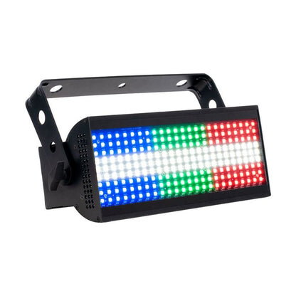 Angled front view of ADJ JOL300 Jolt 300 LED Blinder and Strobe with blue, green, red, and white lights on white background