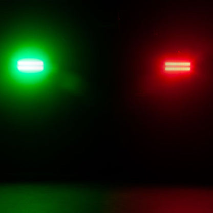 Multiple hanging ADJ JOL300 Jolt 300 LED Blinder and Strobe beaming green and red lights in dark venue