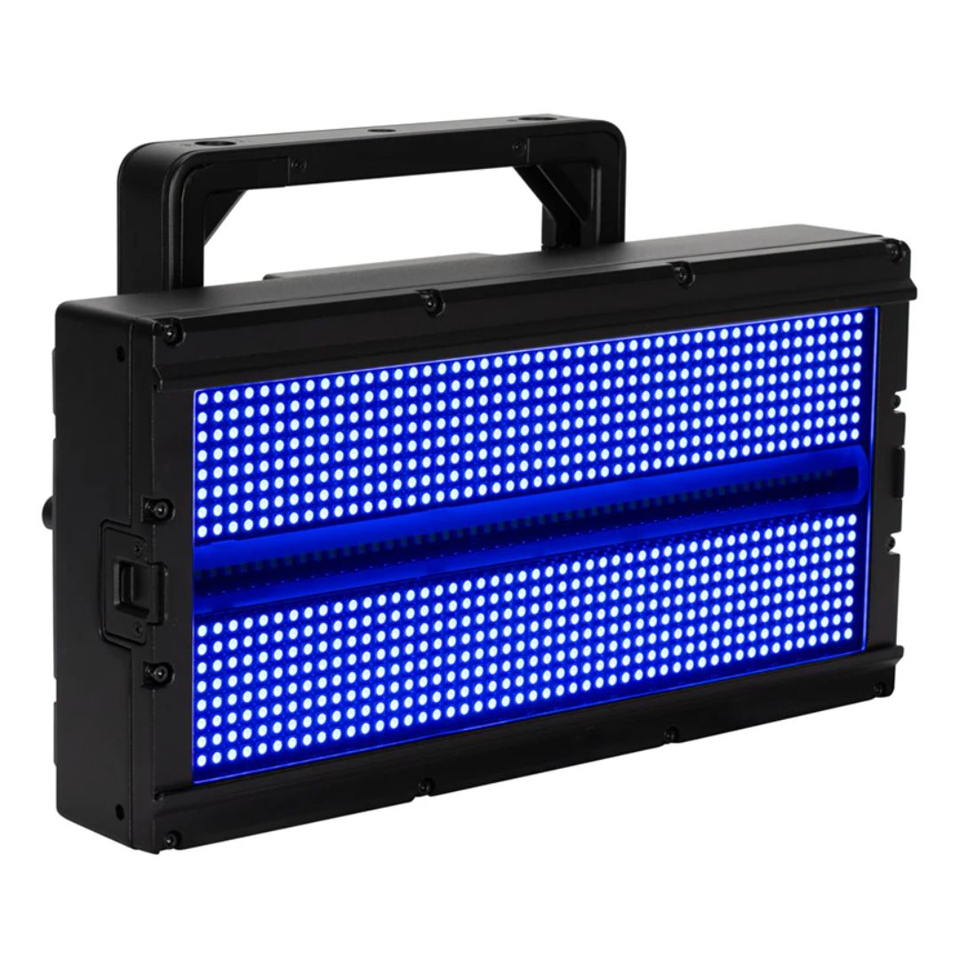 Angled front view of ADJ JOL698 Jolt Panel FXIP with blue light on white background