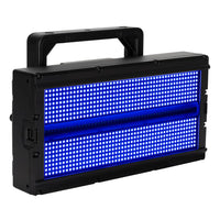 Angled front view of ADJ JOL698 Jolt Panel FXIP with blue light on white background