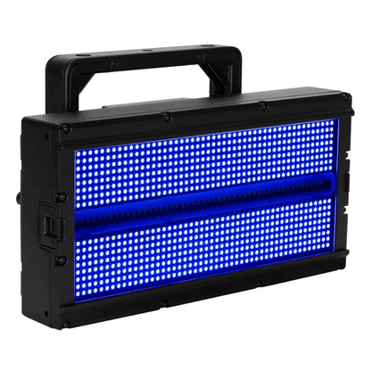 Angled front view of ADJ JOL698 Jolt Panel FXIP with blue light on white background