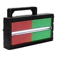 Angled front view of ADJ JOL698 Jolt Panel FXIP with red, green, and white lights on white background