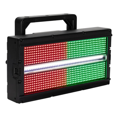 Angled front view of ADJ JOL698 Jolt Panel FXIP with red, green, and white lights on white background