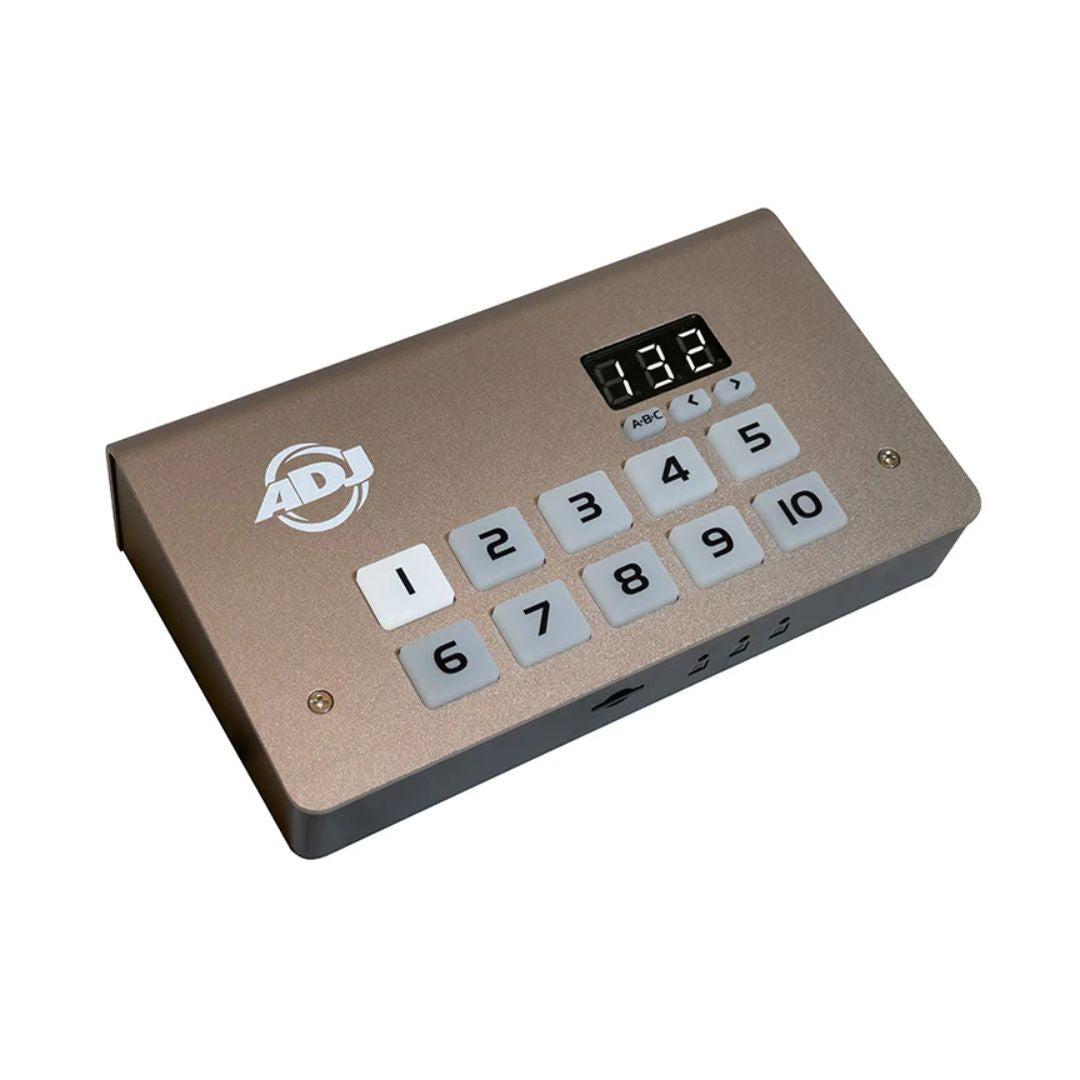 Angled top view of ADJ MYD500 myDMX 5 Lighting Control for Mac/PC on white background