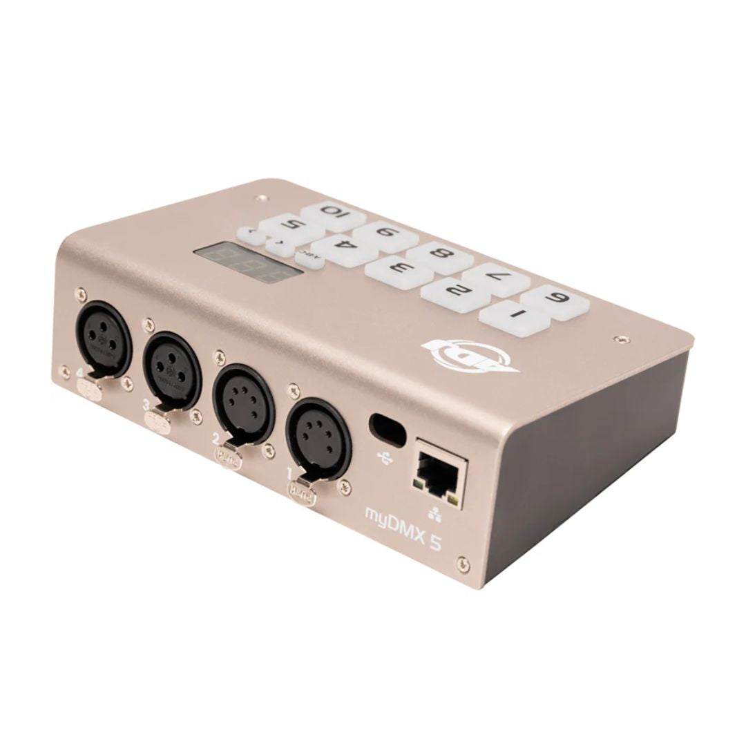 Angled rear view of ADJ MYD500 myDMX 5 Lighting Control for Mac/PC on white background