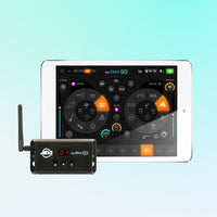 Top view of ADJ MYD540 mydmx GO Lighting Control System with iPad behind it on blue background