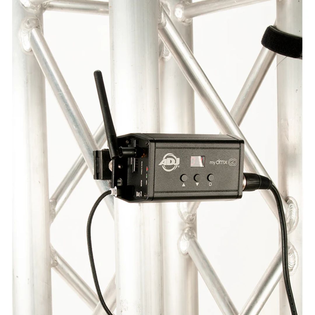 ADJ MYD540 mydmx GO Lighting Control System mounted on metal bars on white background