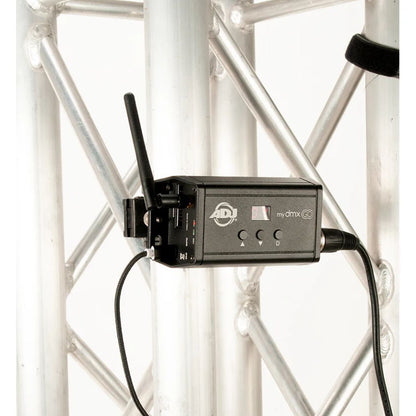 ADJ MYD540 mydmx GO Lighting Control System mounted on metal bars on white background