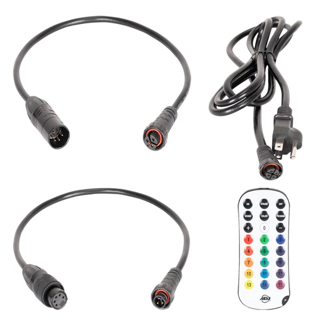 Inclusions of ADJ Mirage Par H IP Wireless DMX LED PAR on white background