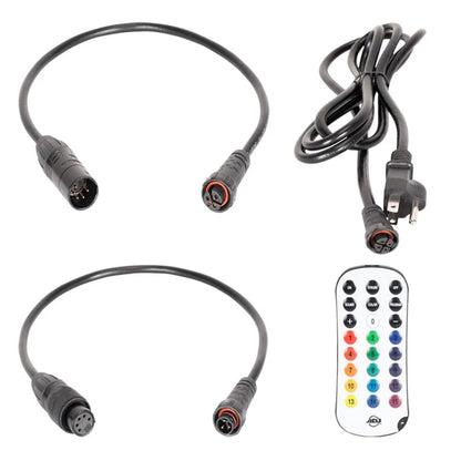 Inclusions of ADJ Mirage Par H IP Wireless DMX LED PAR on white background