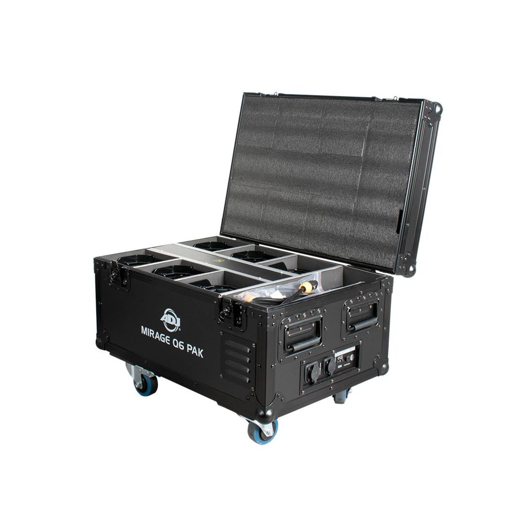 Angled front view of ADJ Mirage Q6 Pak Black Case with Lights inside on white background