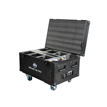 Angled front view of ADJ Mirage Q6 Pak Black Case with Lights inside on white background