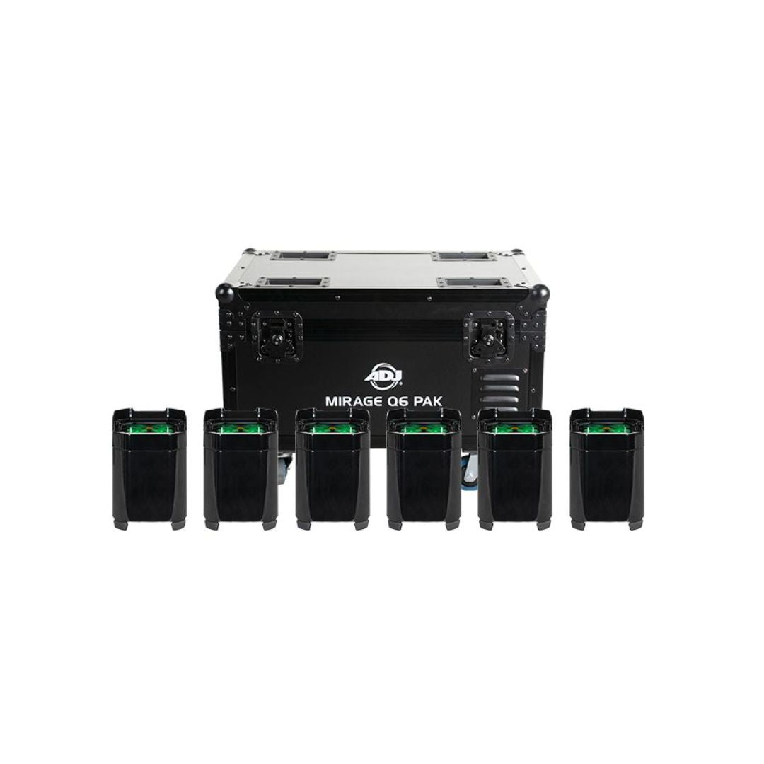 Front view of ADJ Mirage Q6 Pak Black Case with Lights in front on white background