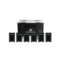 Front view of ADJ Mirage Q6 Pak Black Case with Lights in front on white background