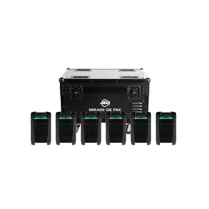 Front view of ADJ Mirage Q6 Pak Black Case with Lights in front on white background