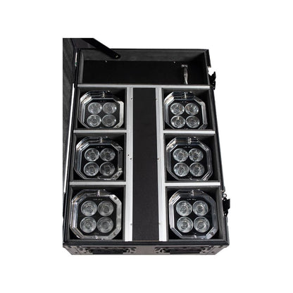Top view of ADJ Mirage Q6 Pak Black Case with Lights inside on white background
