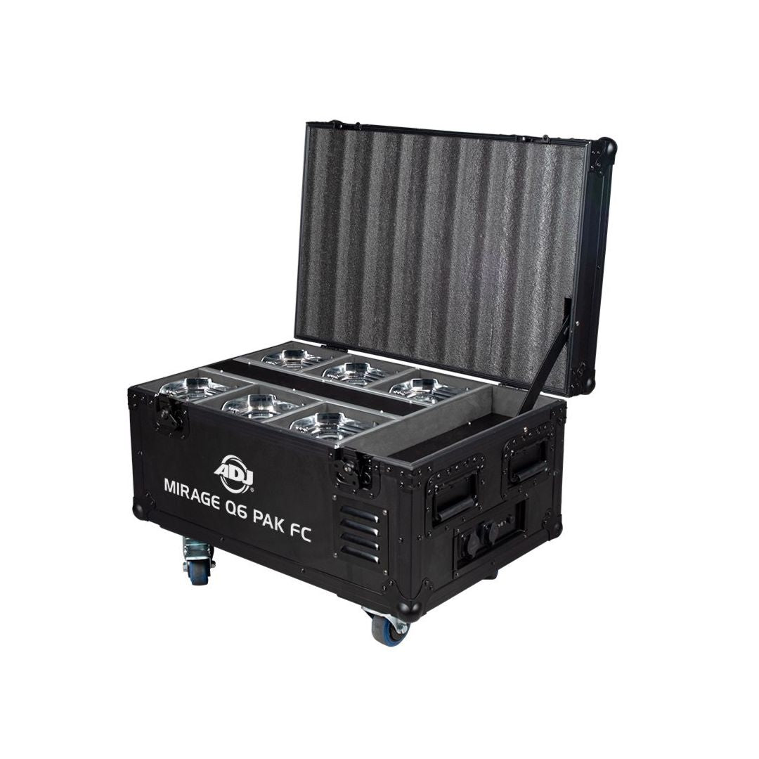 Angled front view of ADJ Mirage Q6 Pak Standard Case with Lights inside on white background