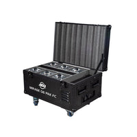 Angled front view of ADJ Mirage Q6 Pak Standard Case with Lights inside on white background