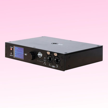 Angled front view of ADJ NET 4 4-Port DMX Over Ethernet Node on pink background
