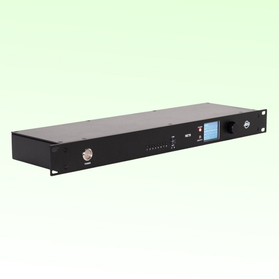 Angled view of ADJ NET 8 8-Port DMX Over Ethernet Node on green background