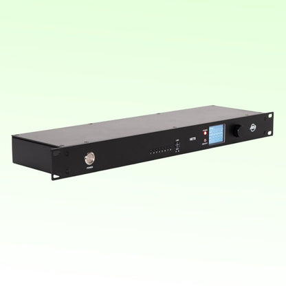 Angled view of ADJ NET 8 8-Port DMX Over Ethernet Node on green background