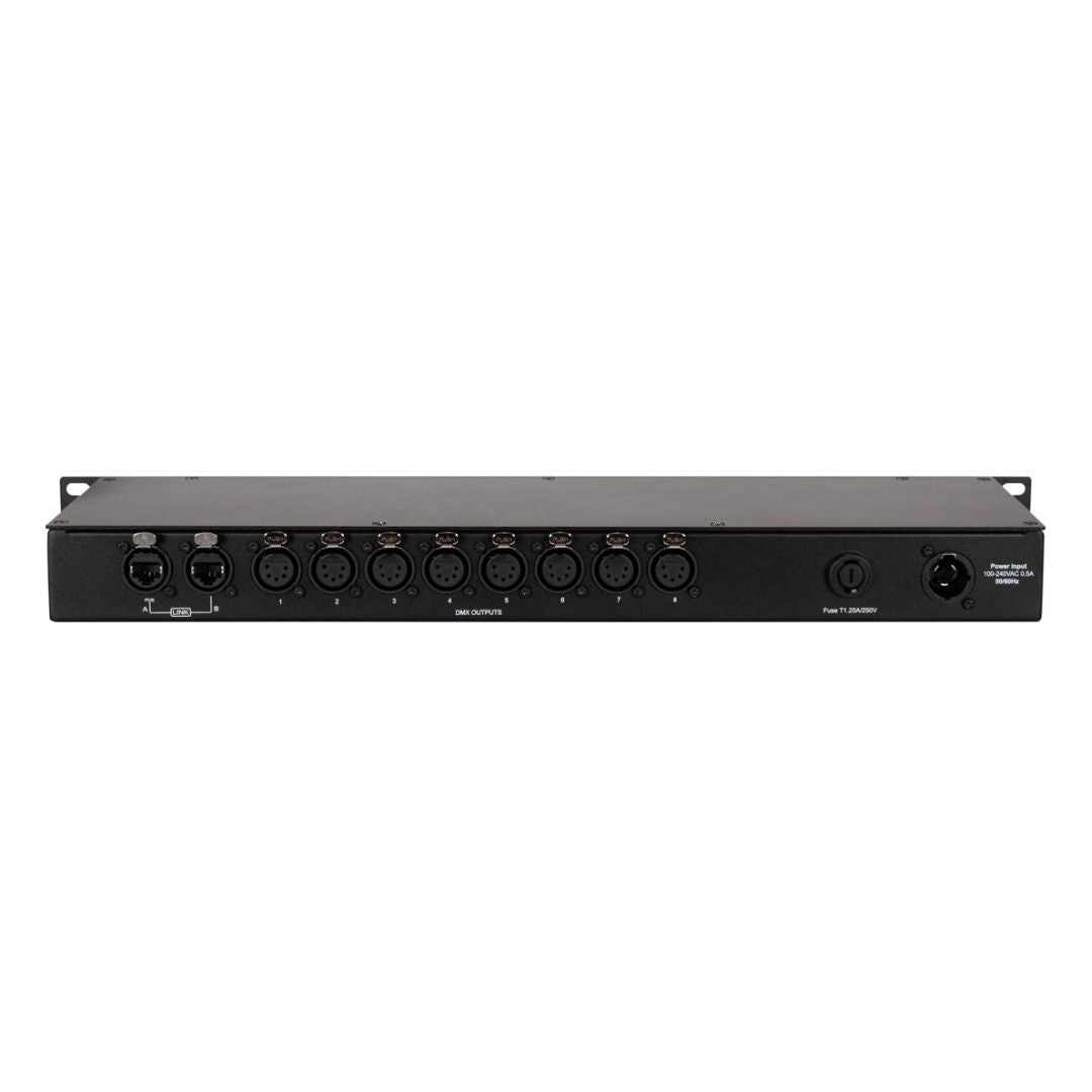 Rear ports view of ADJ NET 8 8-Port DMX Over Ethernet Node on white background