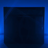 Front view of ADJ Pro Event Table Scrim Black in blue-lit studio