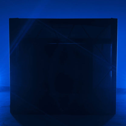 Front view of ADJ Pro Event Table Scrim Black in blue-lit studio