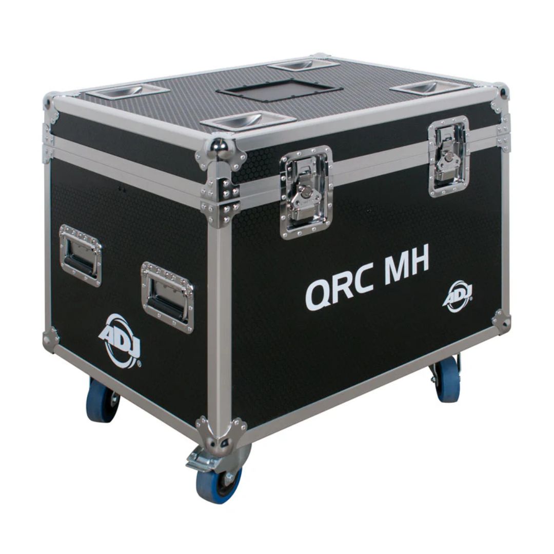 Angled front view of ADJ QRC MH Flight Case with closed lid on white background
