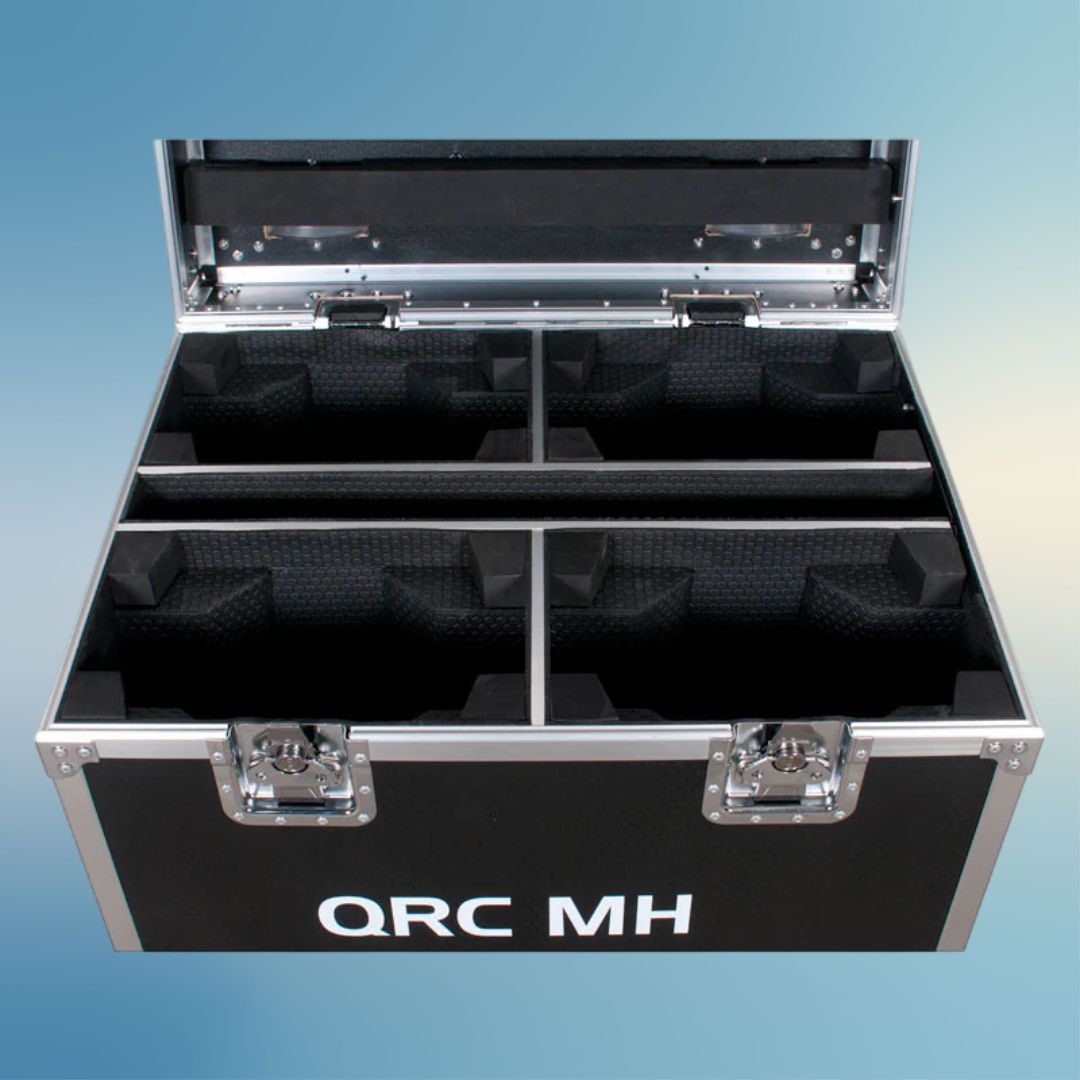Close up inside view of ADJ QRC MH Flight Case with open lid on blue background