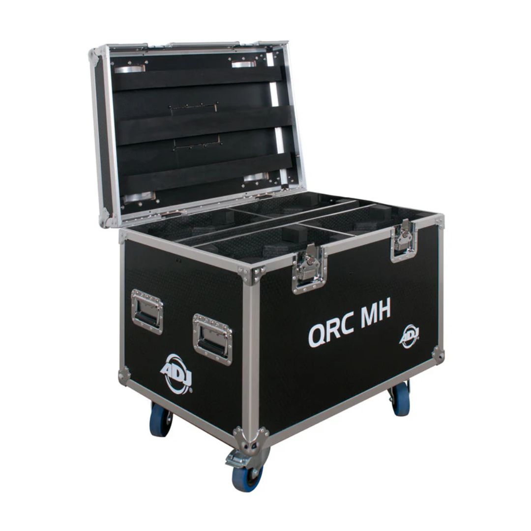 Angled front view of ADJ QRC MH Flight Case with open lid on white background