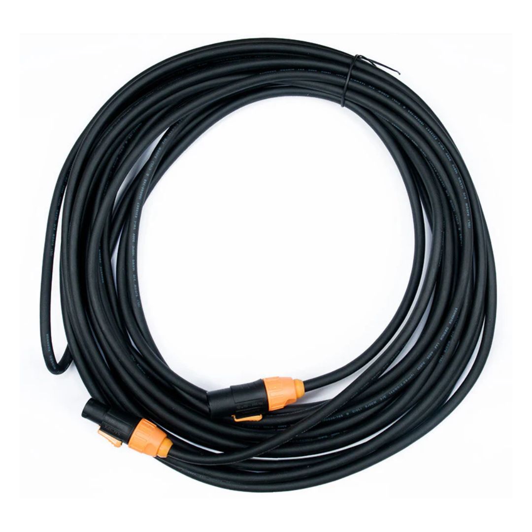 Top view of coiled ADJ SIP178 50FT IP65 Power Link Cable on white background