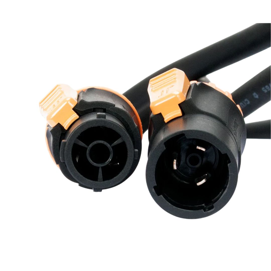 Close up view of ADJ SIP178 50FT IP65 Power Link Cable plugs on white background