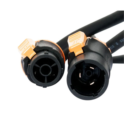 Close up view of ADJ SIP178 50FT IP65 Power Link Cable plugs on white background