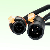 Close up view of ADJ SIP191 100FT IP65 Power Link Cable Plugs on green background