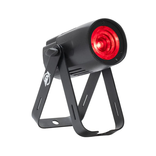 Angled front view of ADJ Saber Spot RGBL LED Pinspot on white background