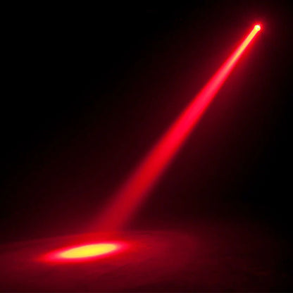 Hanging ADJ Saber Spot RGBL LED Pinspot beaming red light at an angle downward in dark venue