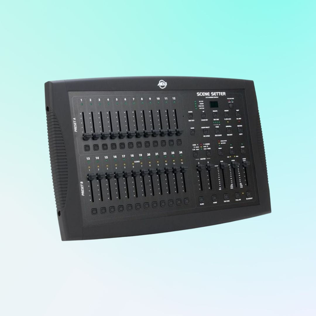 Angled front view of ADJ Scene Setter Dimming Console on blue background
