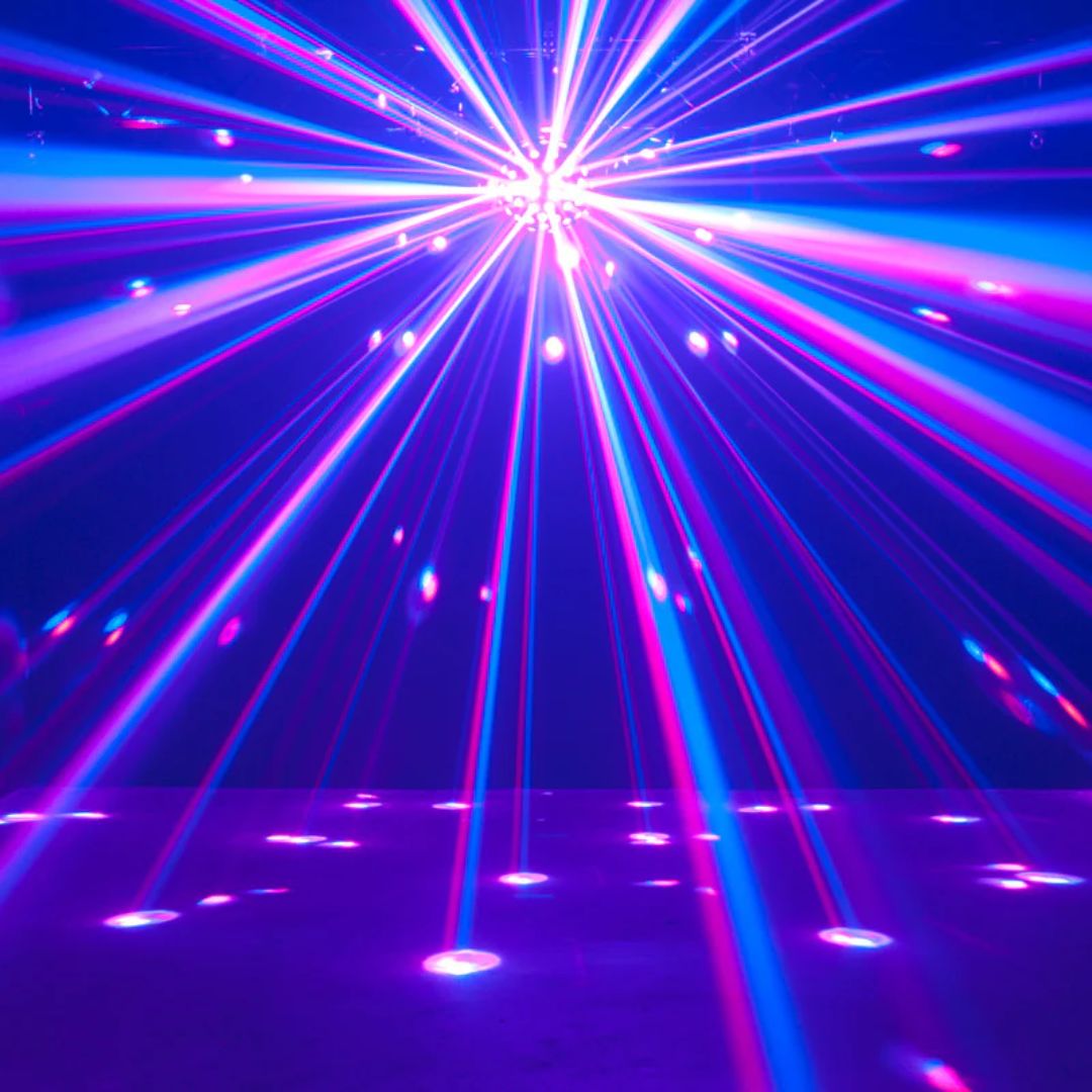 Hanging ADJ Starburst 6-Color LED Sphere beaming blue and pink lights in dim venue