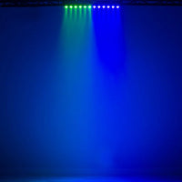 Hanging ADJ UBL120 LED Bar with green and blue lights beaming down in blue-hued room