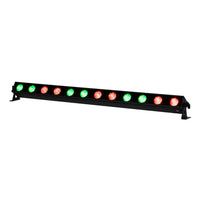 Front view of ADJ UBL120 LED Bar with green and red lights on white background