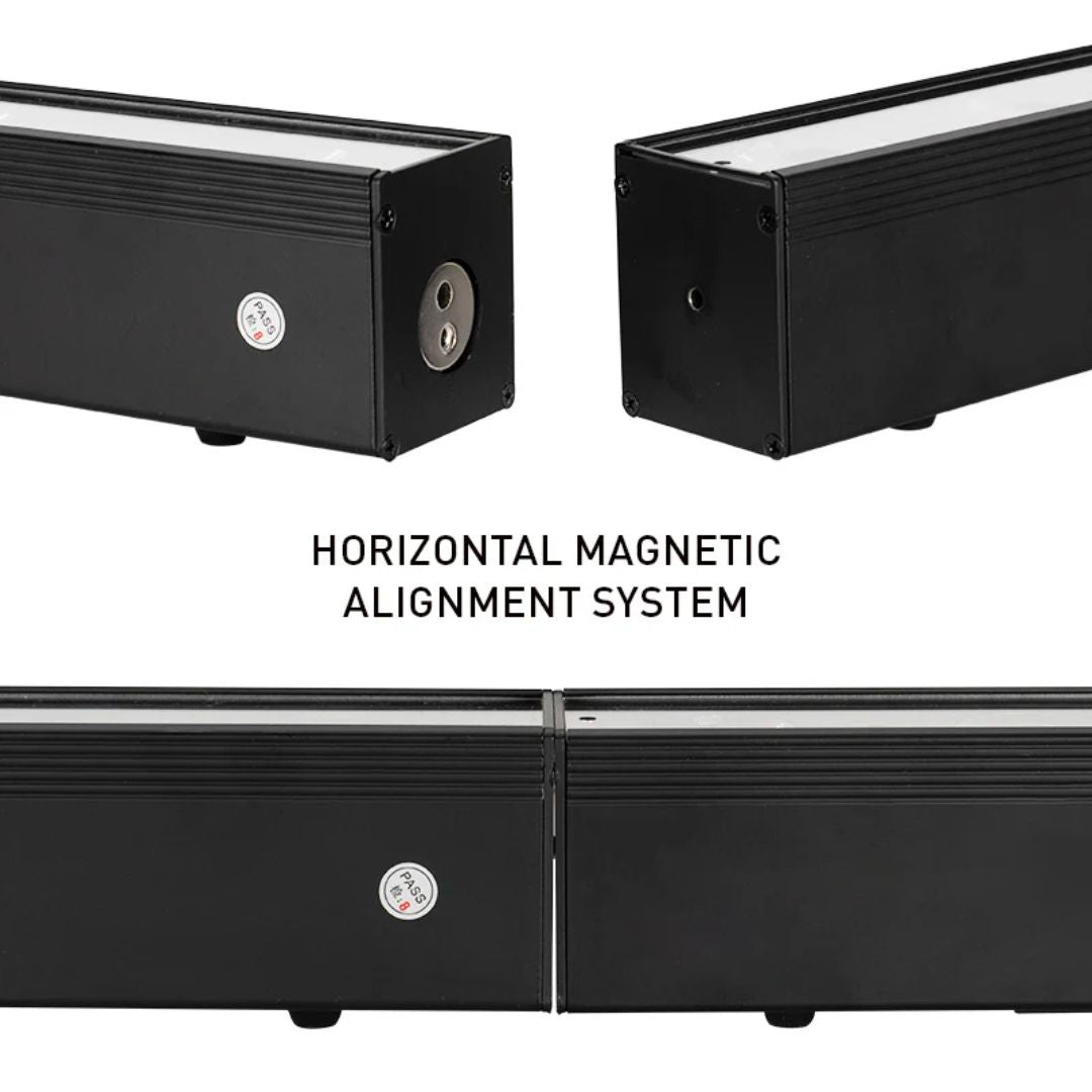 Close up view of ADJ UBL120 LED Bar magnetic alignment system on white background