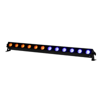 Front view of ADJ UBL120 LED Bar with orange and blue lights on white background