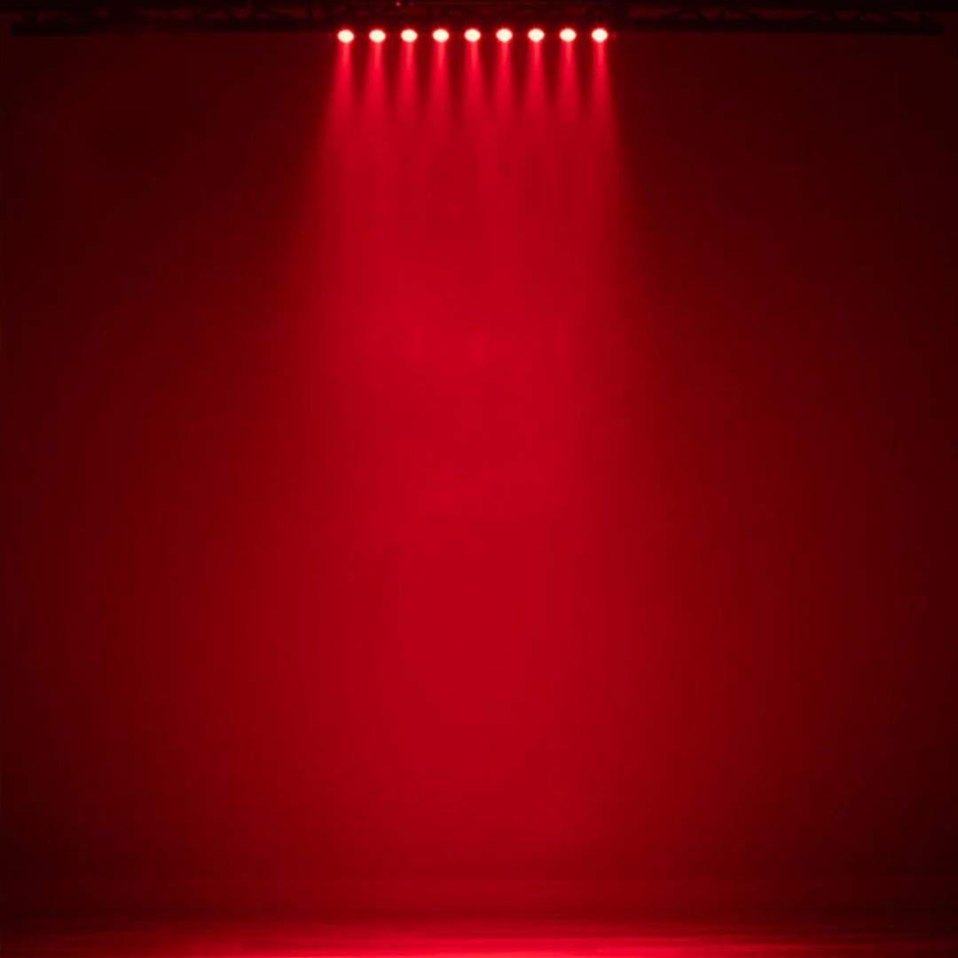 Hanging ADJ UBL9H LED Bar beaming red light downward in dim venue