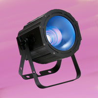 Angled view of ADJ UVC350 UV COB Cannon LED Ultraviolet Wash Light Fixture on pink background