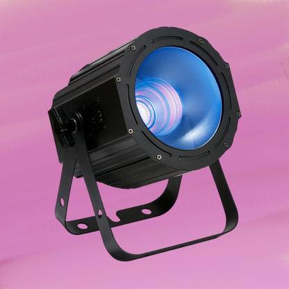 Angled view of ADJ UVC350 UV COB Cannon LED Ultraviolet Wash Light Fixture on pink background