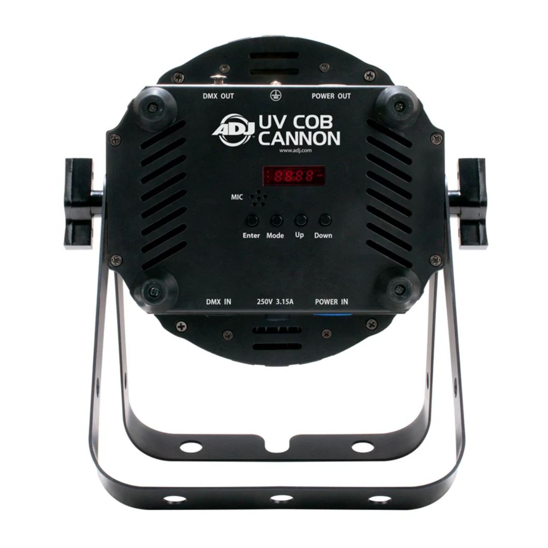 Rear view of ADJ UVC350 UV COB Cannon LED Ultraviolet Wash Light Fixture on white background