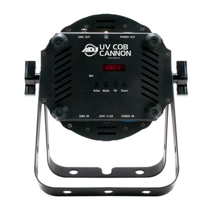 Rear view of ADJ UVC350 UV COB Cannon LED Ultraviolet Wash Light Fixture on white background